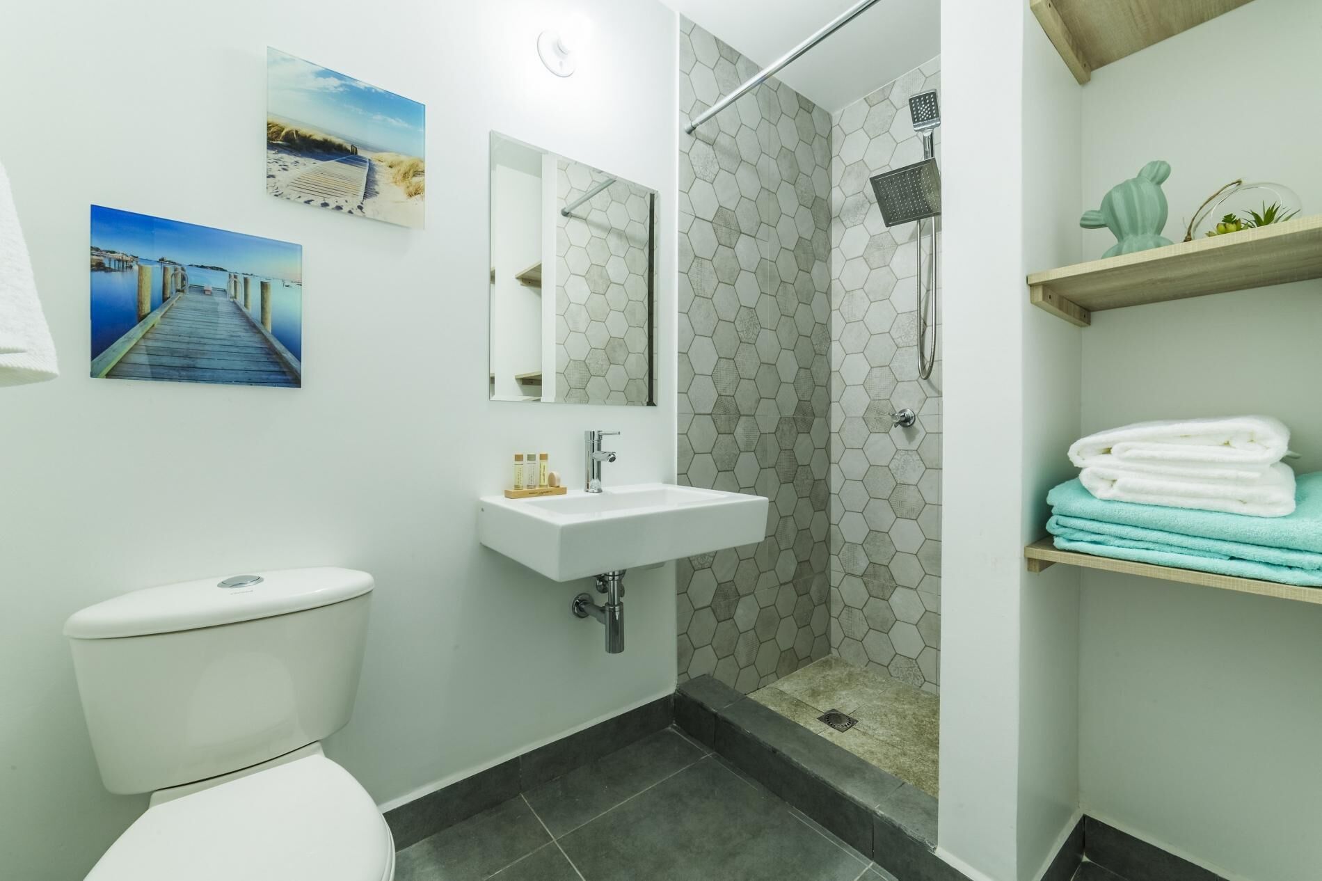 Un bagno con WC, lavandino, doccia e uno scaffale con asciugamani.