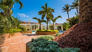 Un resort con piscina, palmeras y un camino empedrado.