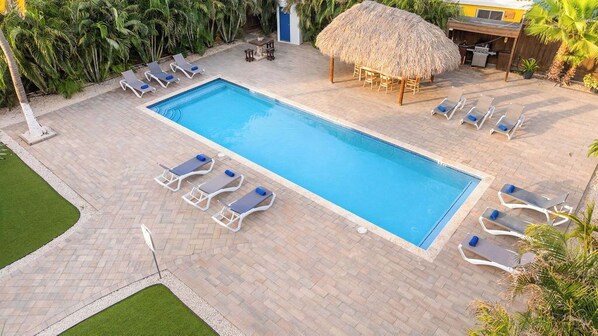 Ein rechteckiger Pool mit Liegestühlen und einer strohgedeckten Struktur.