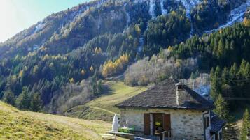 A stone house with a sloped roof, a small porch, and a view of a forested mountain.