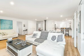 Televisión, chimenea, reproductor de DVD y libros 