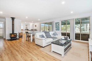 Televisión, chimenea, reproductor de DVD y libros 