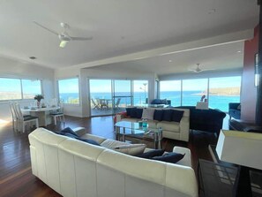 TV, fireplace, books