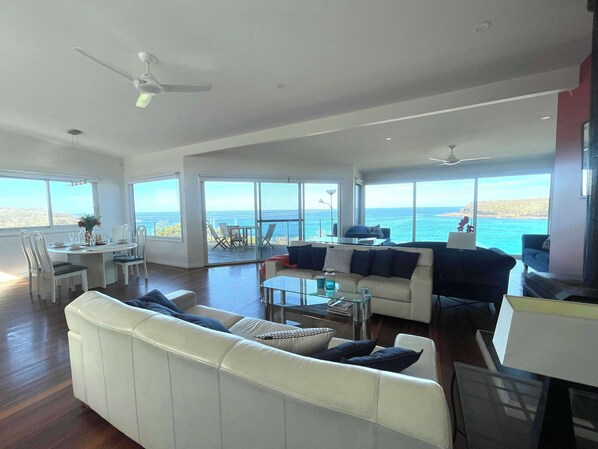 TV, fireplace, books