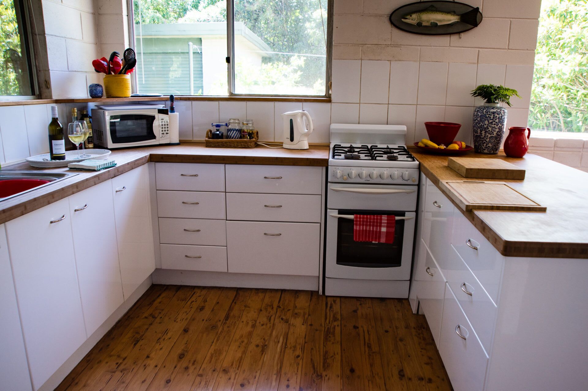Fridge, microwave, toaster, cookware/dishes/utensils