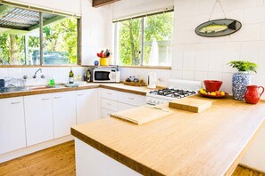 Fridge, microwave, toaster, cookware/dishes/utensils