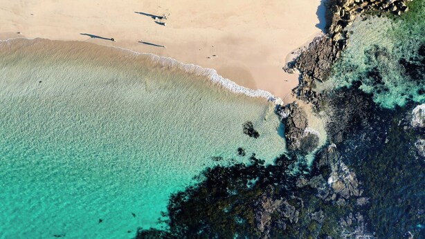 An aerial view of a beach with clear turquoise waters, a sandy shore, and rocky outcrops. - Jillbys House at Narrawallee (Narrawallee)