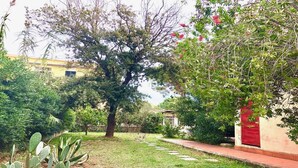 A garden with various plants, a pathway, and a building with a red door. - Just 300 meters from the sandy beach (Marina di Campo)