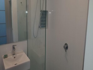 Une salle de bain avec une douche à parois de verre, un lavabo avec un robinet et une petite fenêtre.