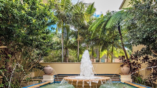Un patio con una fuente central, rodeado de exuberante vegetación y una piscina.