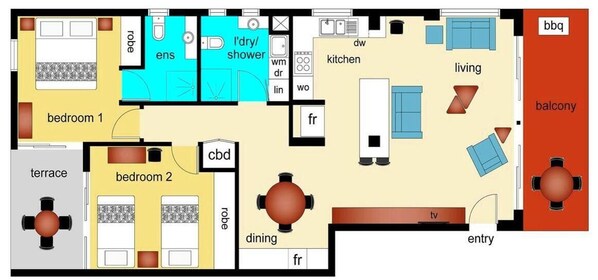 Un hôtel proposant des chambres avec deux lits, une terrasse, un balcon, une cuisine, un coin repas, un salon et un barbecue.