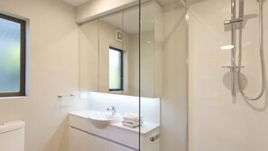 Shower, towels, toilet paper