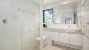 Shower, towels, toilet paper