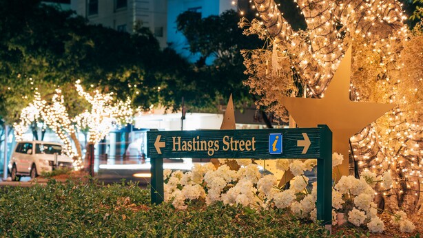 A street sign for Hastings Street with directional arrows, surrounded by decorative lights and white flowers.
