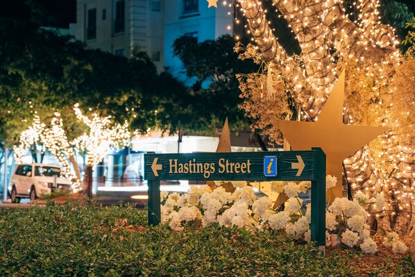 A street sign for Hastings Street with directional arrows, surrounded by decorative lights and white flowers.