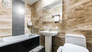 Shower, slippers, towels, soap