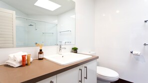 A modern bathroom with a glass shower enclosure, a white sink, and a toilet.