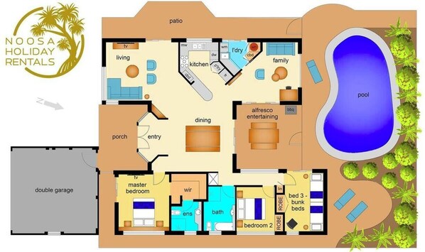Plan d’étage d’une maison de vacances comprenant un garage double, une terrasse, une piscine, un coin repas, une cuisine, une chambre principale, une salle de bain attenante et un salon.