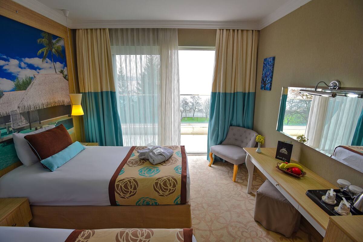 A hotel room with a bed, a desk, a chair, a window with curtains, a painting, and a view of the outdoors.