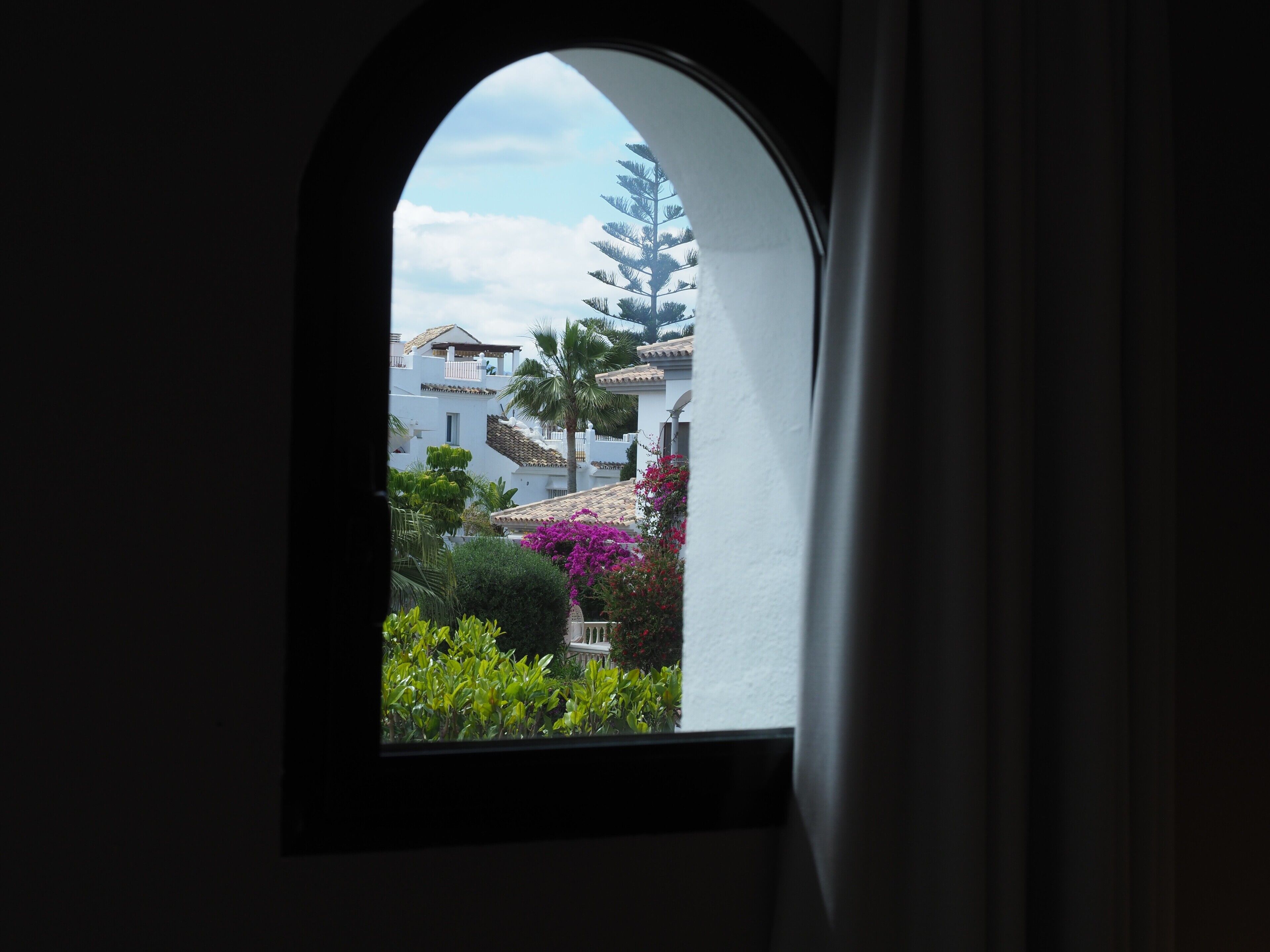 A window with an arched frame, a view of buildings, and some greenery.