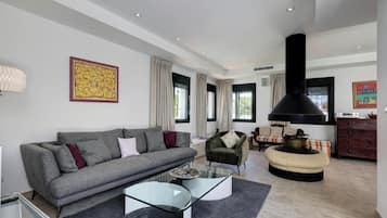 Televisio, takka, DVD-soitin, stereot