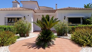 Una casa con techo de tejas, entrada empedrada y varias plantas.