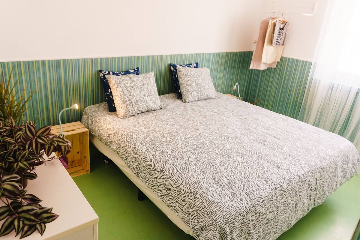 Een eenpersoonsbed met een gebedrukte sprei en twee kussens, een nachtkastje met een lamp, een groen gestreepte muur en een potplant.