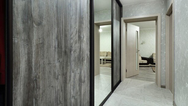Een hal met een houten wand en een spiegeldeur die leidt naar een kamer met een bank en een stoel.