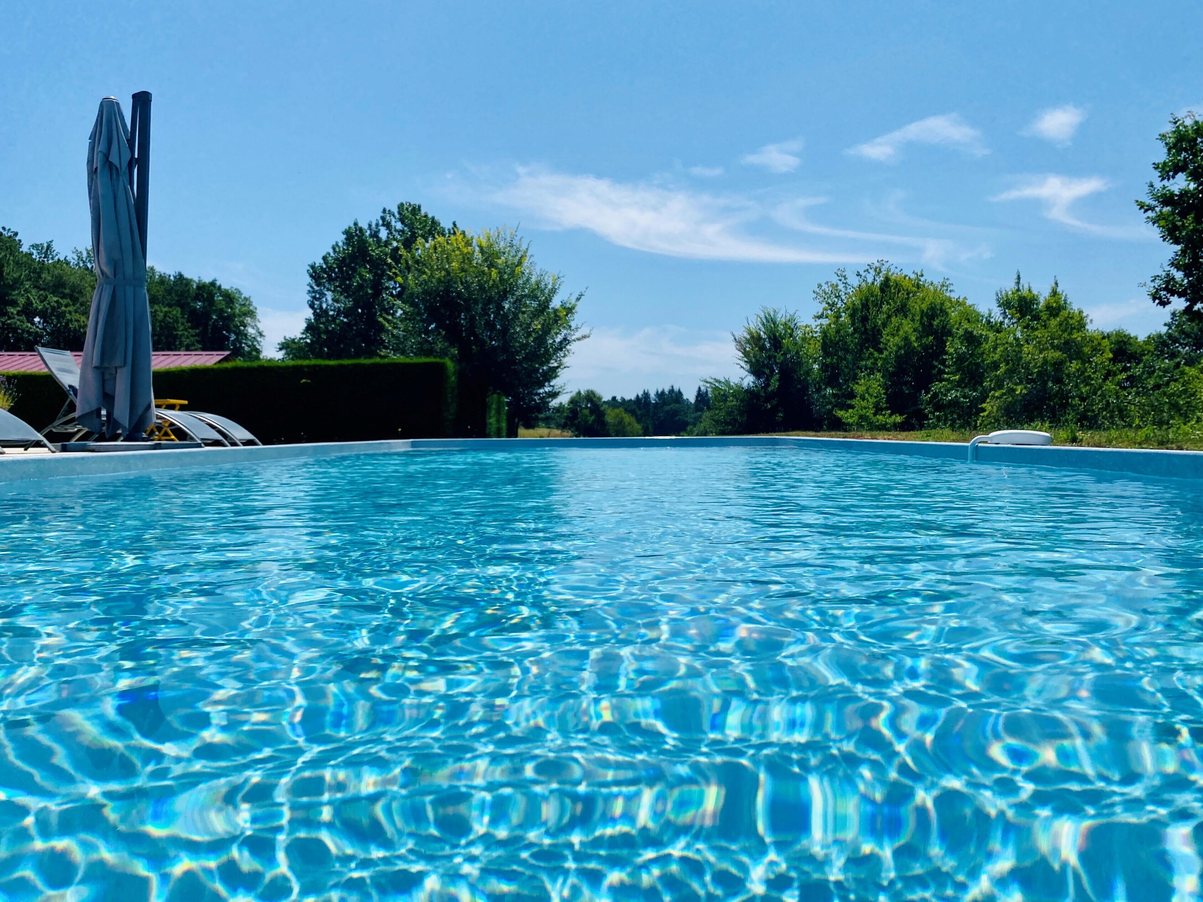 A clear blue swimming pool with a sunshade and lounge chairs, surrounded by trees and a clear sky.