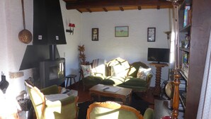 A cozy living room with a fireplace, green upholstered chairs, a wooden coffee table, and a bookshelf. - Unique chalet for 8 ppl, pets welcome, parking (Les Contamines-Montjoie)