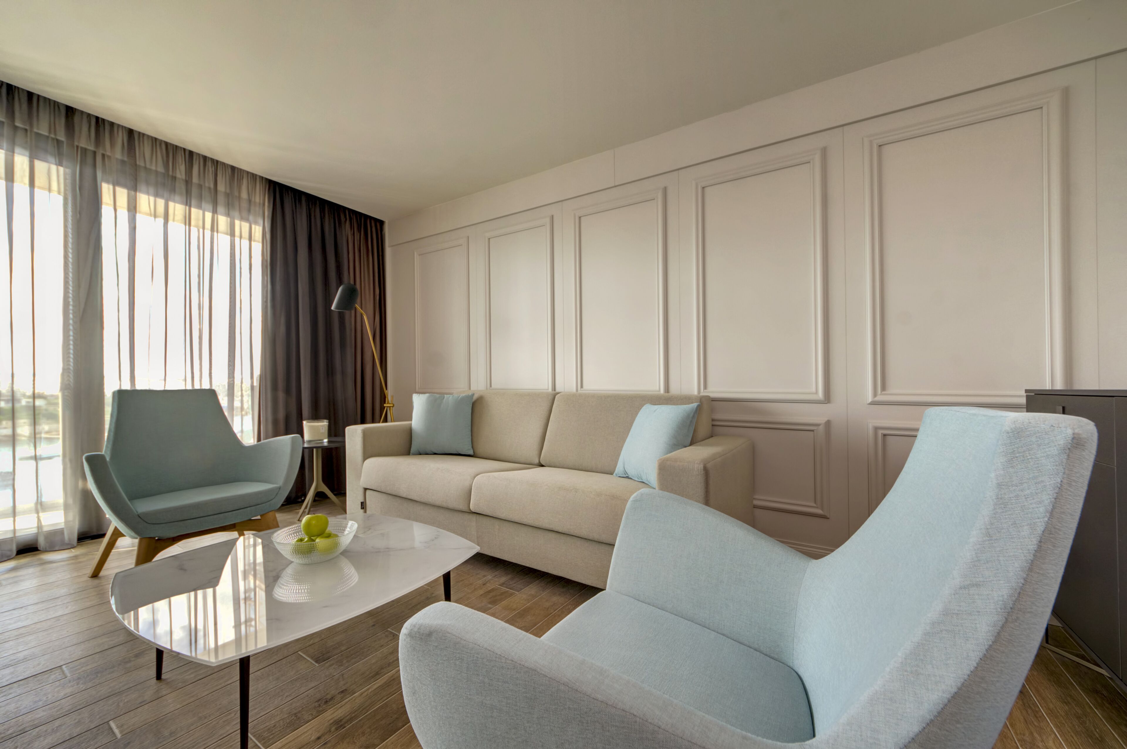 luxury suite, sea view | living area | 50-inch led tv with digital channels, tv