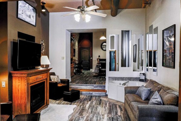 TV, fireplace, offices, computer monitors