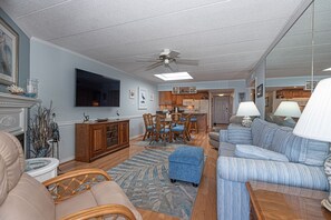 Smart TV, fireplace, DVD player