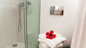 Une salle de bain avec une douche à parois de verre, des toilettes ornées d’une fleur rouge sur le couvercle, et un miroir dans lequel se reflète une personne.