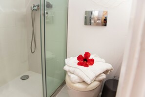 Dusche, Designer-Toilettenartikel, Haartrockner, Bademäntel