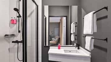 A modern bathroom with a glass shower enclosure, a white sink, and a large mirror.