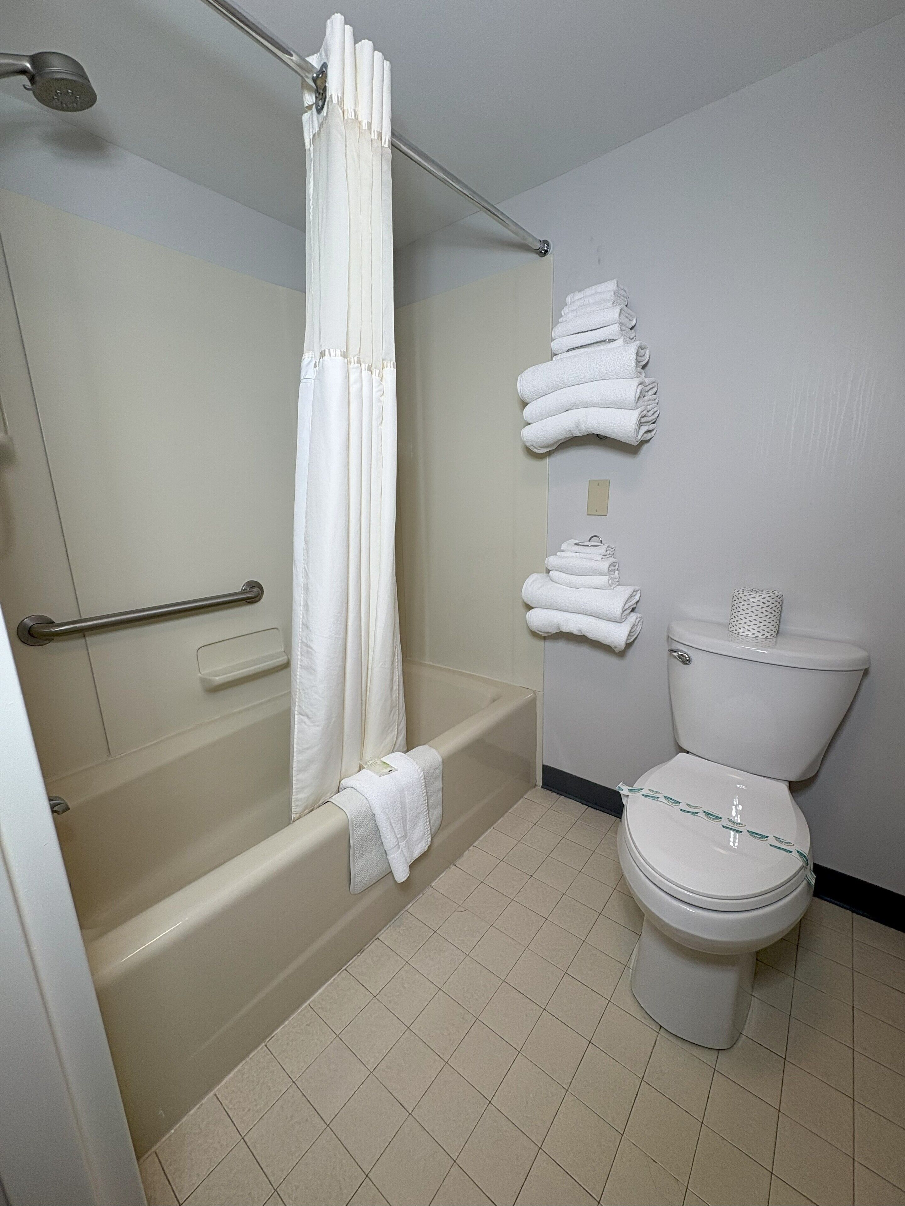 A bathroom with a bathtub, toilet, and a shower curtain.