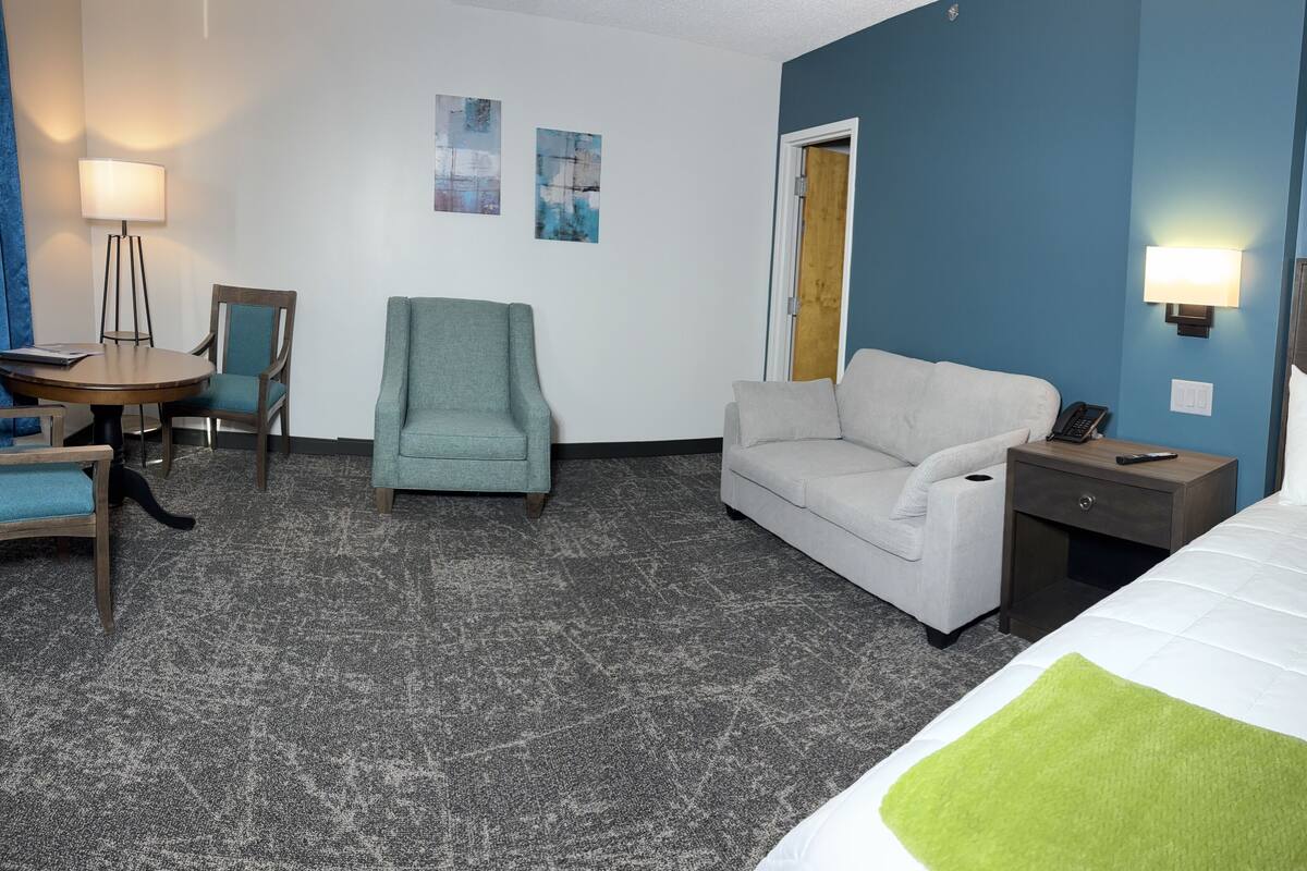 Una habitación de hotel con cama, escritorio con silla, sofá, una mesita y una lámpara.
