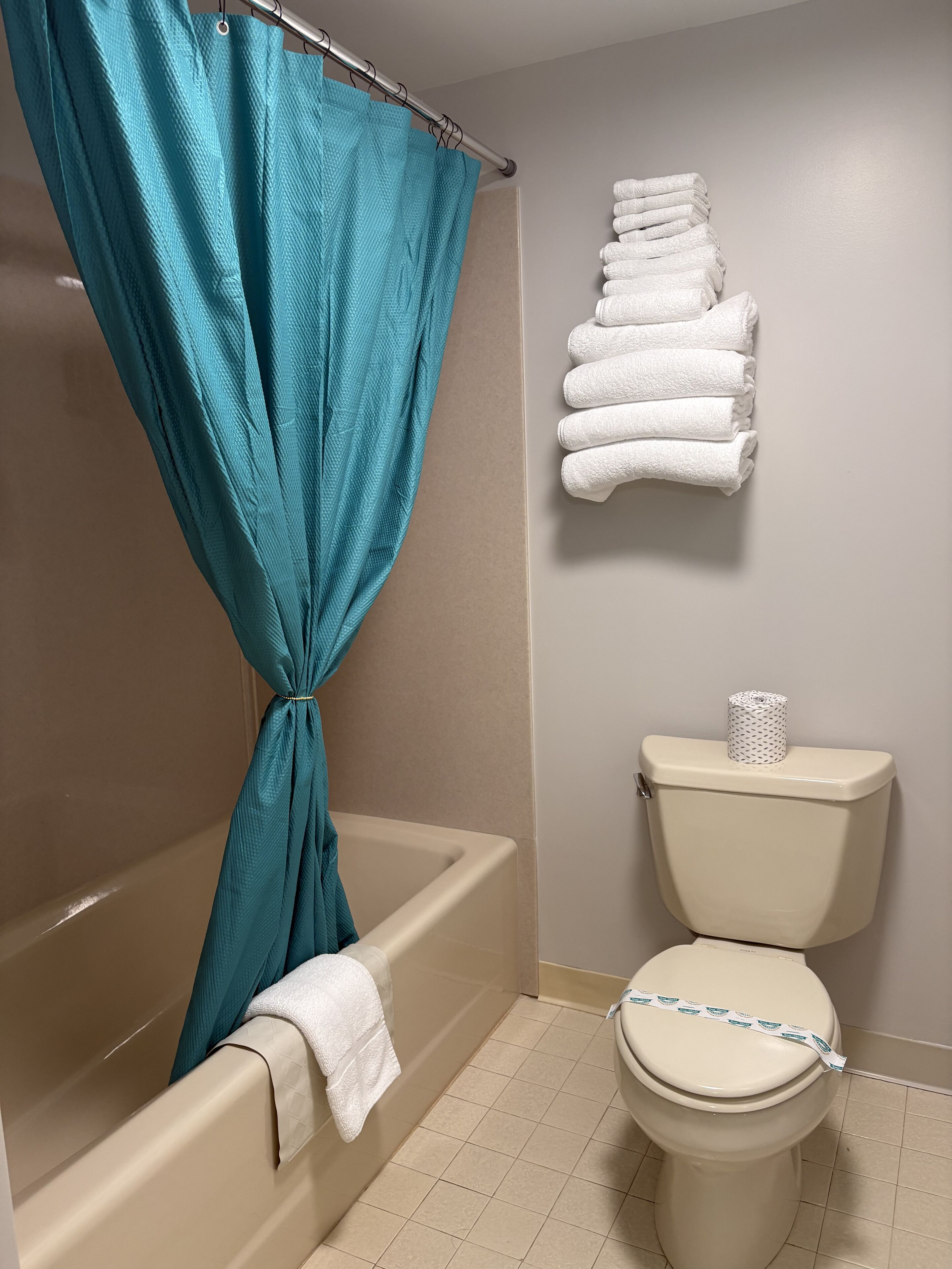 Un baño con bañera, inodoro y toallero con toallas dobladas.