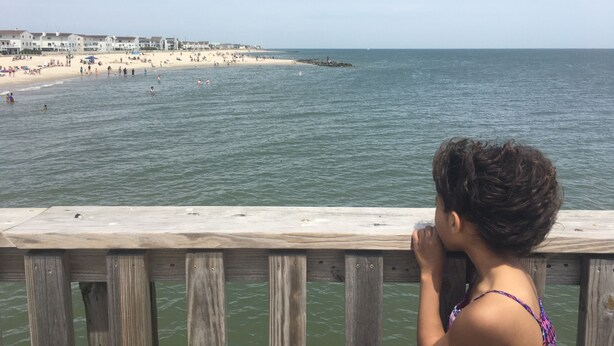 A wooden pier overlooking a beach with people and buildings in the distance. - Buckroe Beach Home with King Bed, Grill, Games and 5 min Walk to Beach…Sleeps 8. (Hampton)