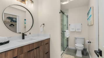 A modern bathroom with a wooden vanity, a large mirror, a glass shower enclosure, and a toilet.