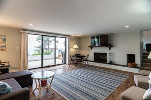 Smart TV, fireplace, books