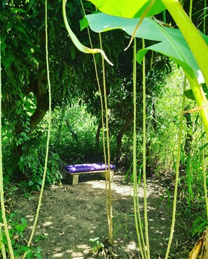 Sit and unwind in a serene garden surrounded by lush greenery and natural beauty.