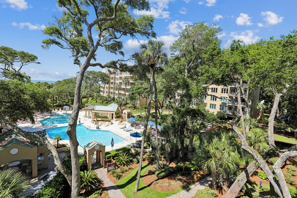 A resort with a swimming pool, palm trees, and a view of the surrounding buildings. - Ocean Front 4Br Villa w/ Large Balcony! (Hilton Head Island)
