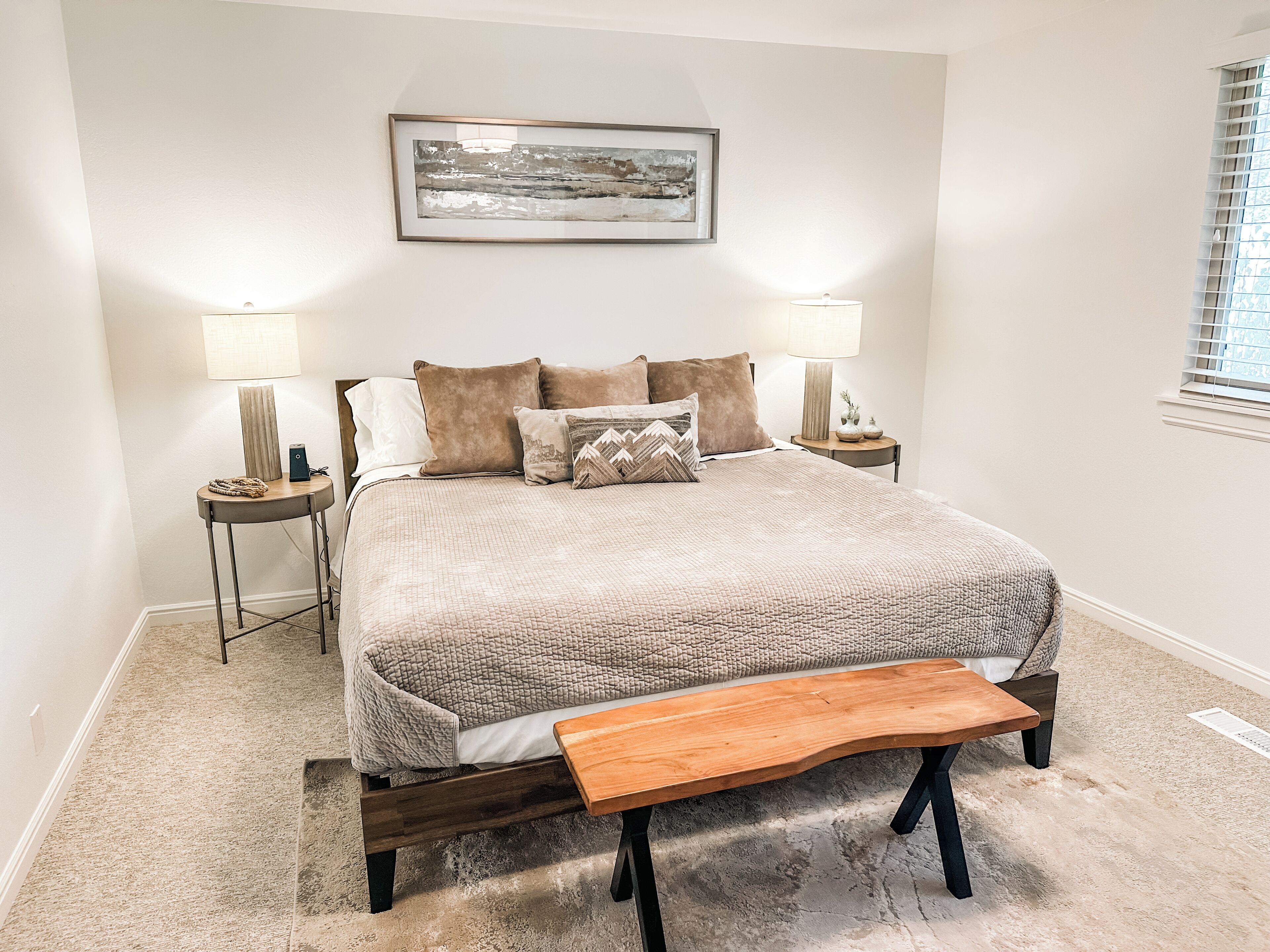 Primary bedroom on main floor with king-sized pillow top mattress