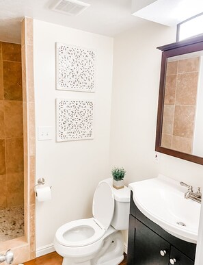 Combined shower/bathtub, hair dryer, towels, soap