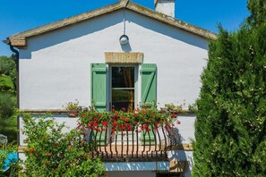 Charming house with a traditional pitched roof and a small balcony featuring a garden.