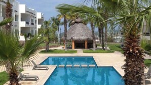 A swimming pool with lounge chairs, palm trees, and a thatched-roof structure in the background. - COMFORTABLE APARTMENT WITH POOL, WHIRLPOOL BATHTUB, 70" TV AND MORE (Cabo San Lucas)