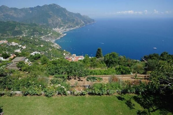 A coastal landscape with a view of the sea, greenery, and buildings.