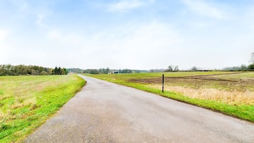 A rural road curving through fields with a clear sky.